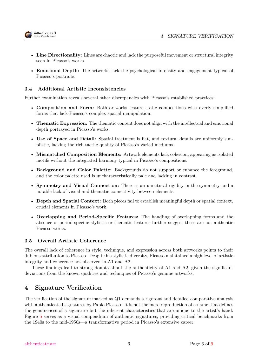 Estate artwork attributed to Picasso report sample page 6
