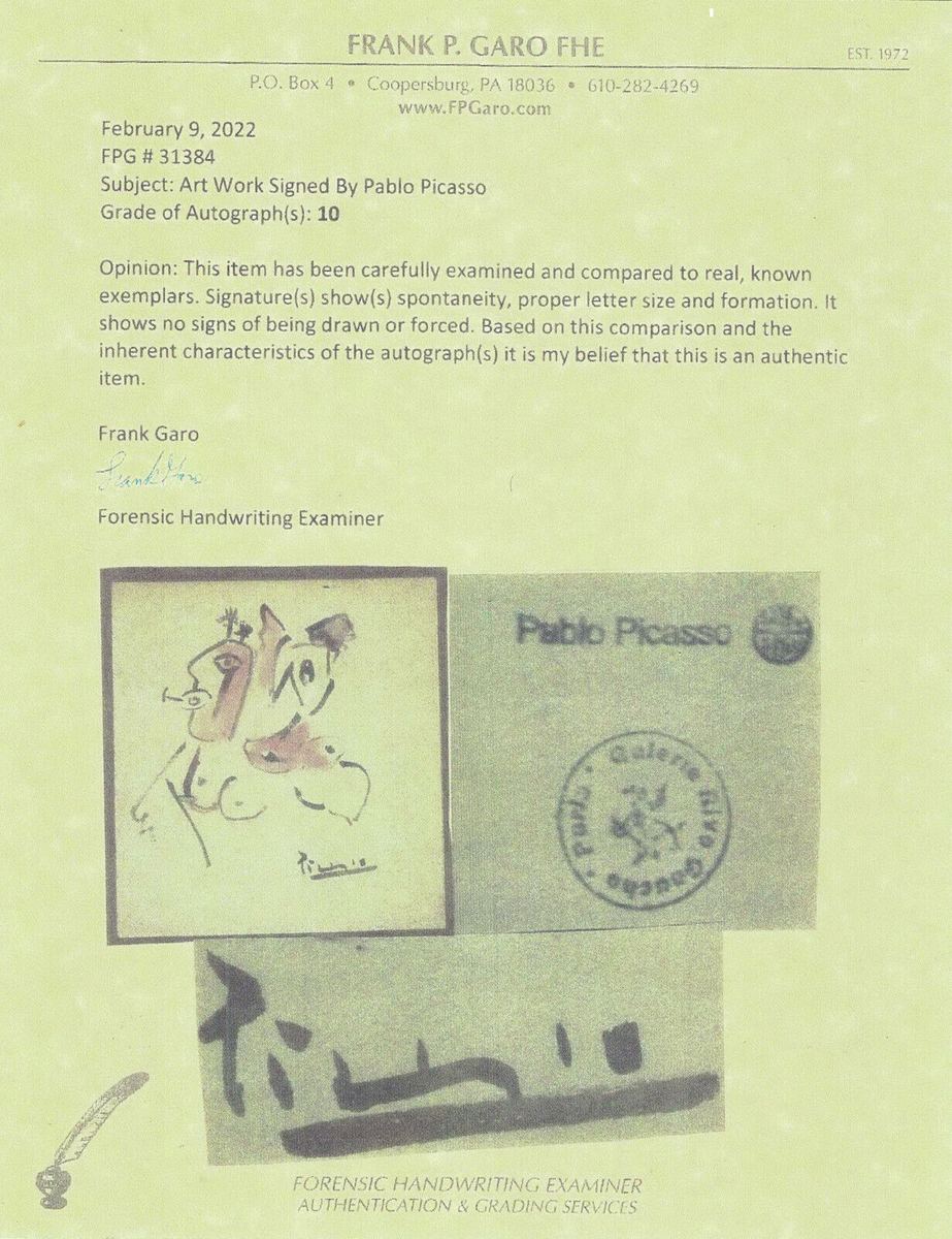 Picasso drawing study: Certificate of Authenticity and Rive Gauche Gallery Stamp