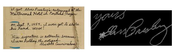 Elvis Presley handwritten note: Signature description and provenance